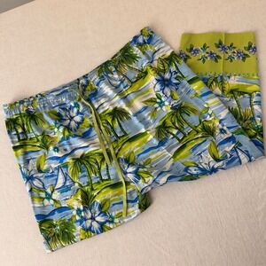 Bamboo Traders Silk Tropical Island Print Pants 2X Blue Green Palm Tree Coastal